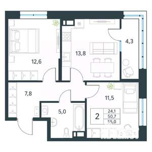 2-к квартира, вторичка, 55м2, 13/18 этаж